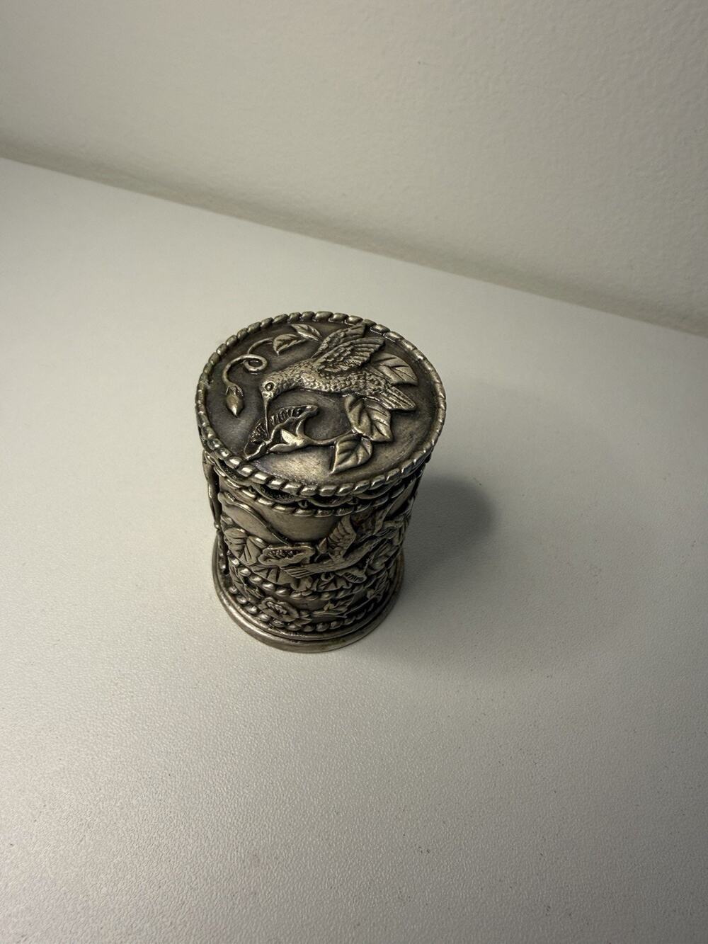Vintage Pewter Hummingbird Embossed Postage Stamp Roll Holder Dispenser 2” Birds